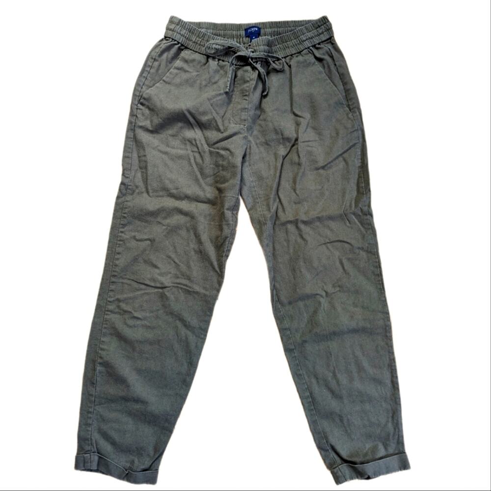 J Crew Linen Cotton Blend Army Green Pull On Drawstring Cropped Tapered Pants
